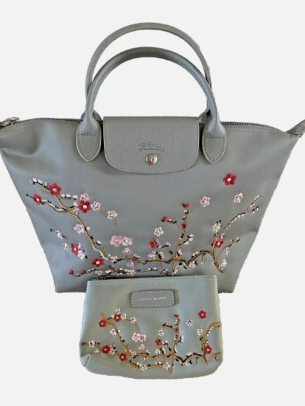 LONGCHAMP Large Gray Sakura Embroidered Cherry Blossoms Tote & Cosmetic Bag Set
